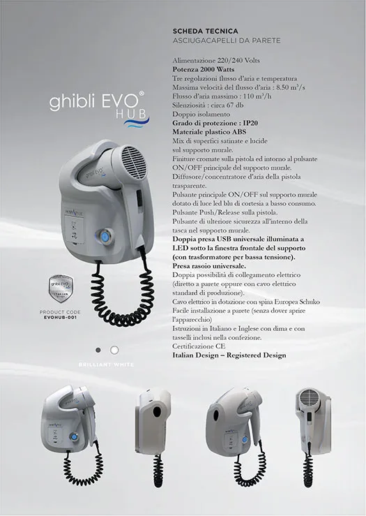 Wall Mounted Hair dryer Ghibli Evo Scheda tecnica