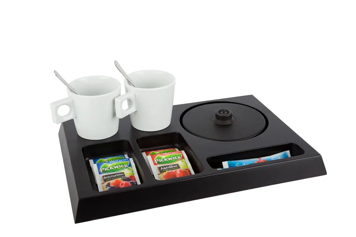 HospitalityTray-SIGNUM-BlackBrown-NoKettle-NoLeaflet-WhiteCups