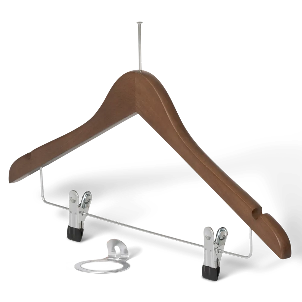 Clothes hanger with pin and clips walnut