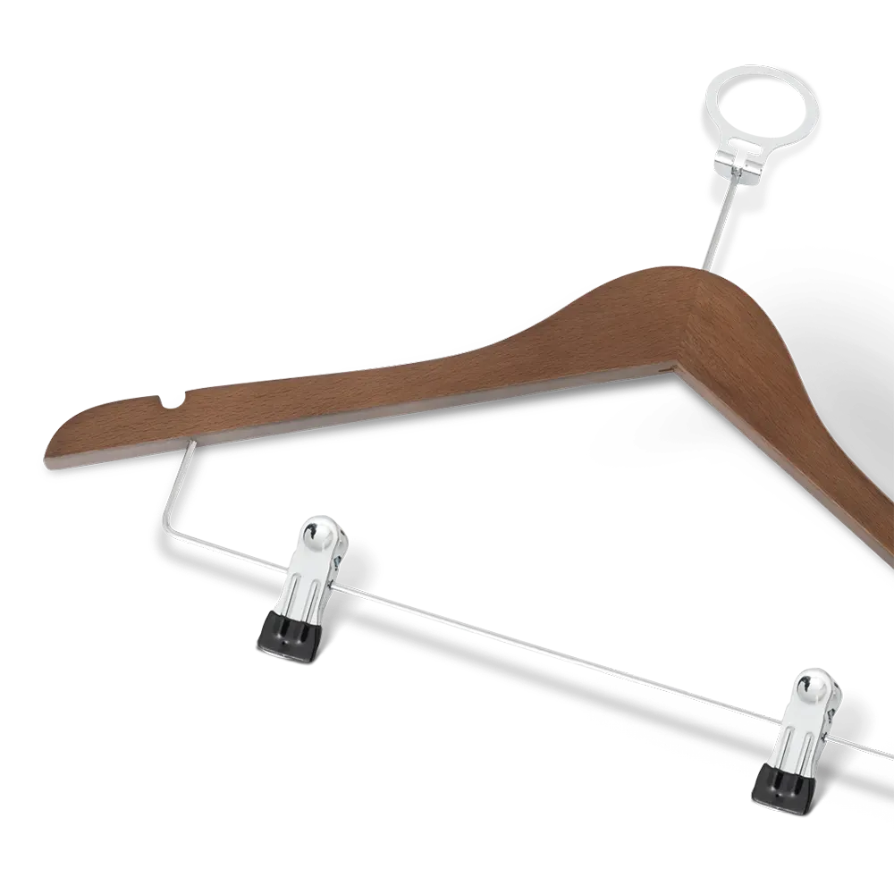 Clothes hanger with pin and clips walnut